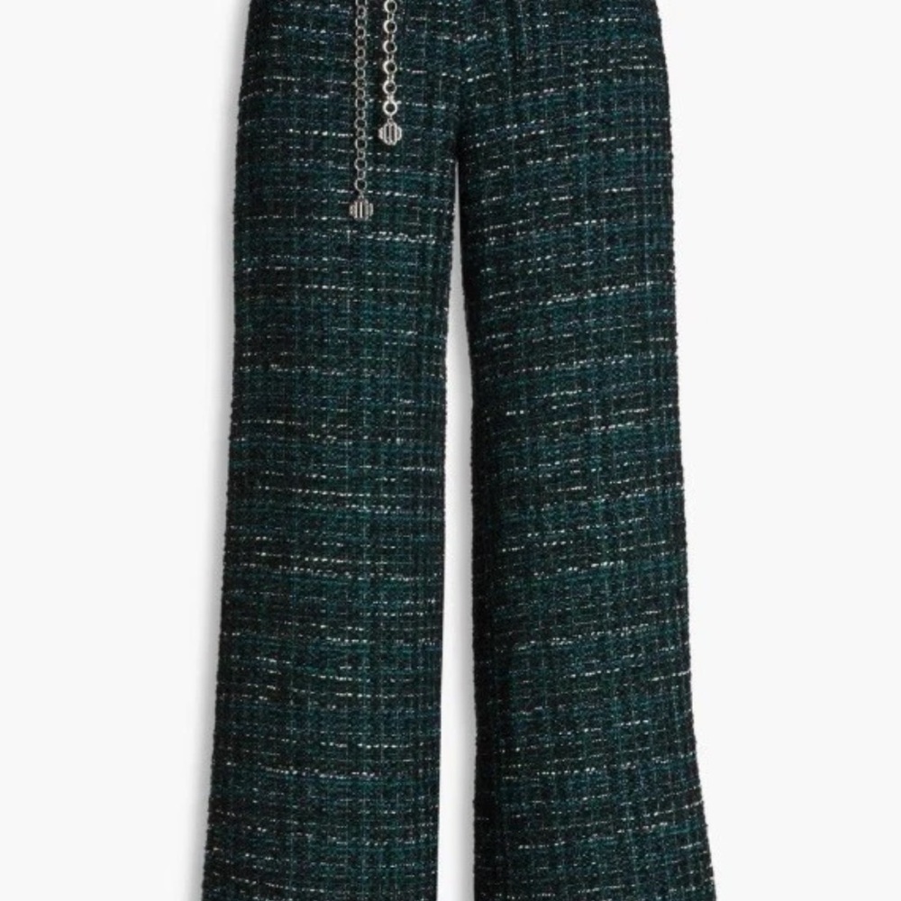 Maje Green Tweed Metallic Boucle Belted Wide Leg Pants Size 34